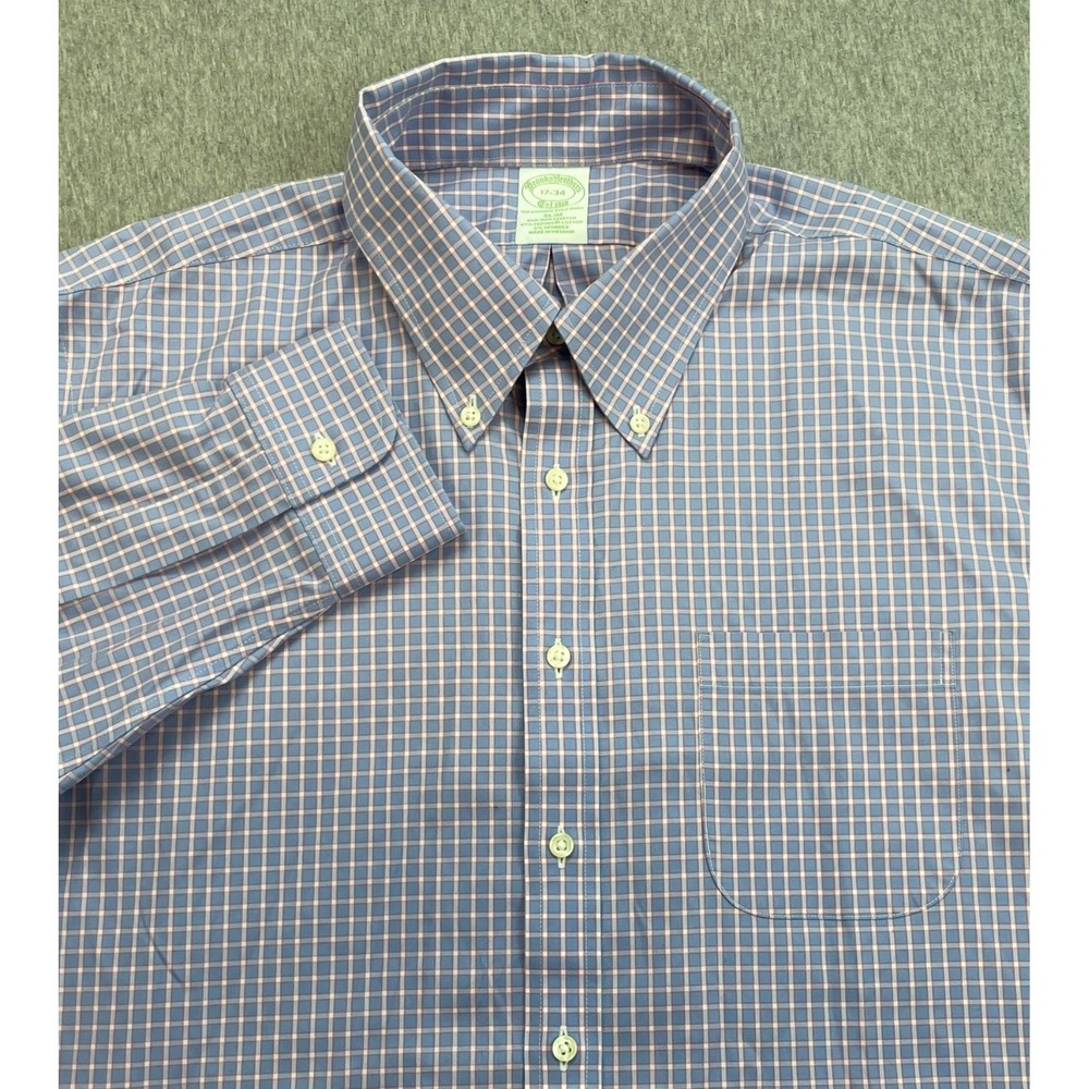 Brooks Brothers Shirt Mens 17 - 34 Check Cotton Blend Stretch Oxford OCBD